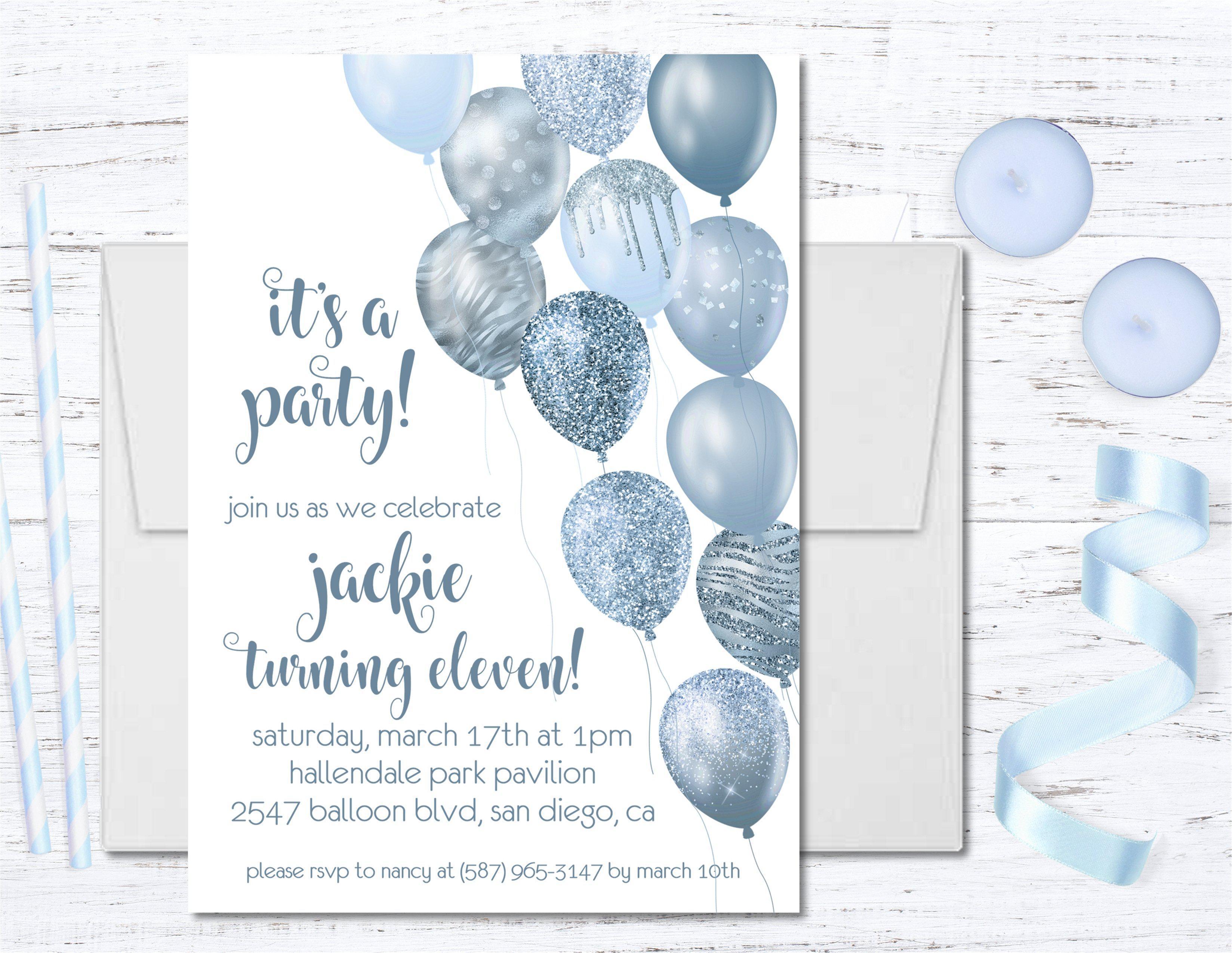 Pastel Blue Balloon Birthday Party Invitations