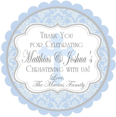 Pastel blue baby dedication sticker with cross and custom name
