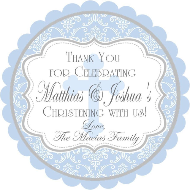 Pastel blue baby dedication sticker with cross and custom name