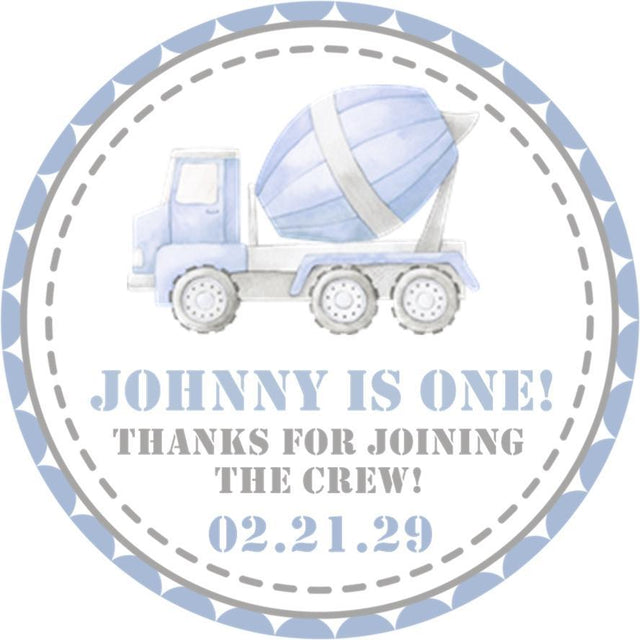 Pastel blue cement truck birthday sticker for boys first birthday