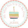 Pastel pink and mint 1st birthday cake sticker with personalized name