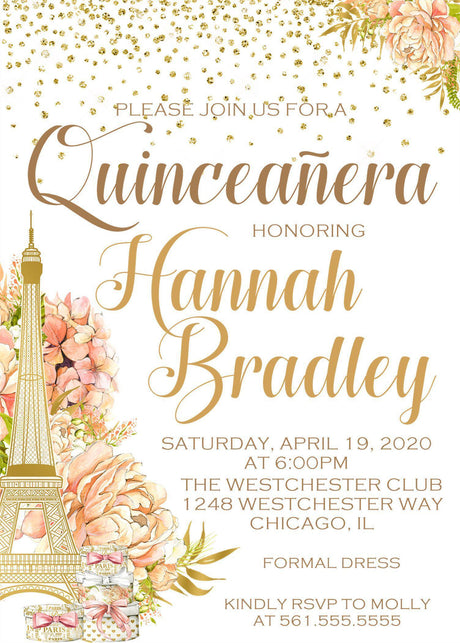 Peach And Gold Paris Quinceanera Invitations