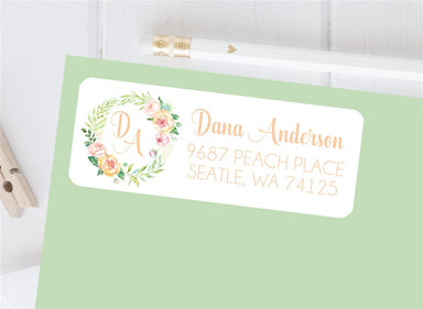 Peach Floral Initial Monogram Address Labels