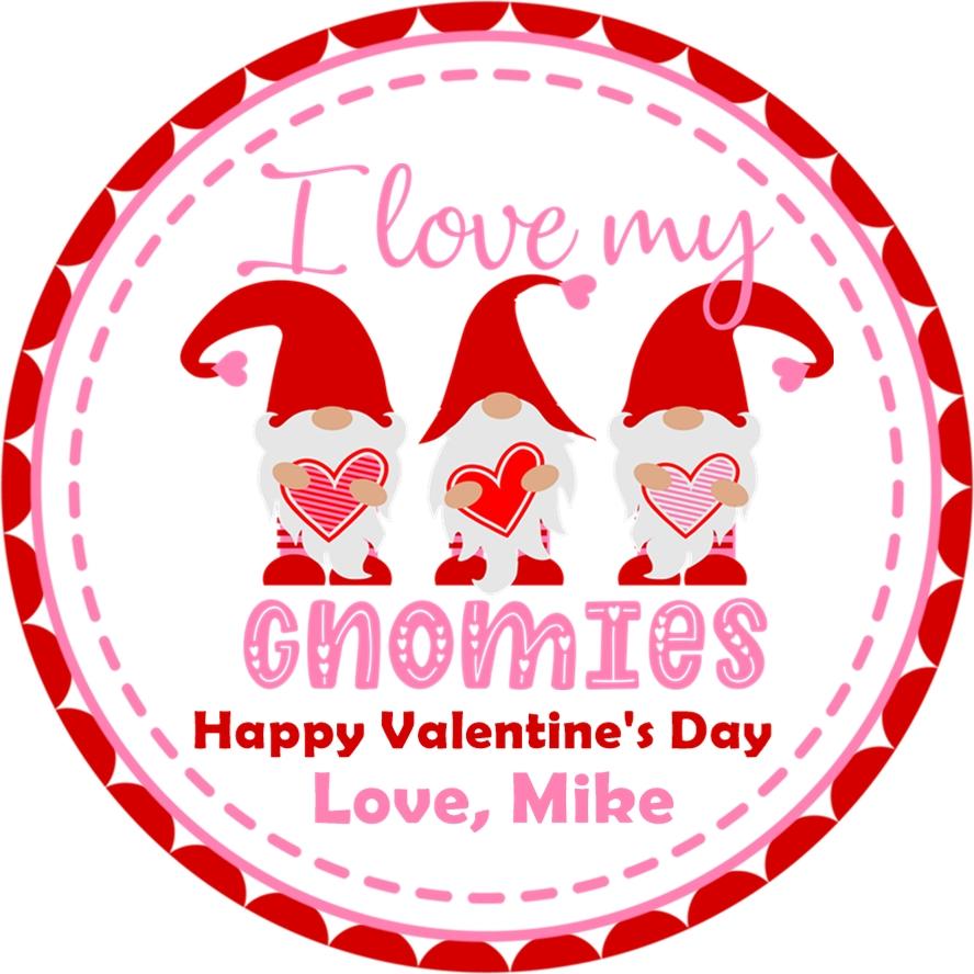 Personalized Gnomies Valentine favor label for school exchanges