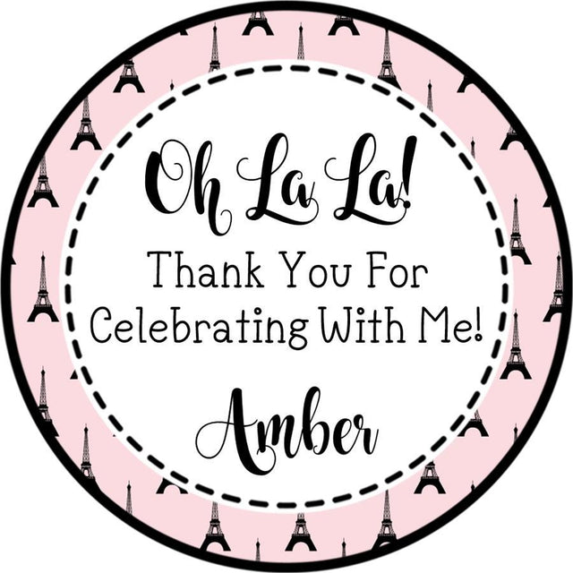 Personalized Paris party favor label in pink