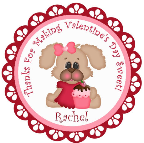 Personalized Valentine puppy cupcake sticker with pink bow