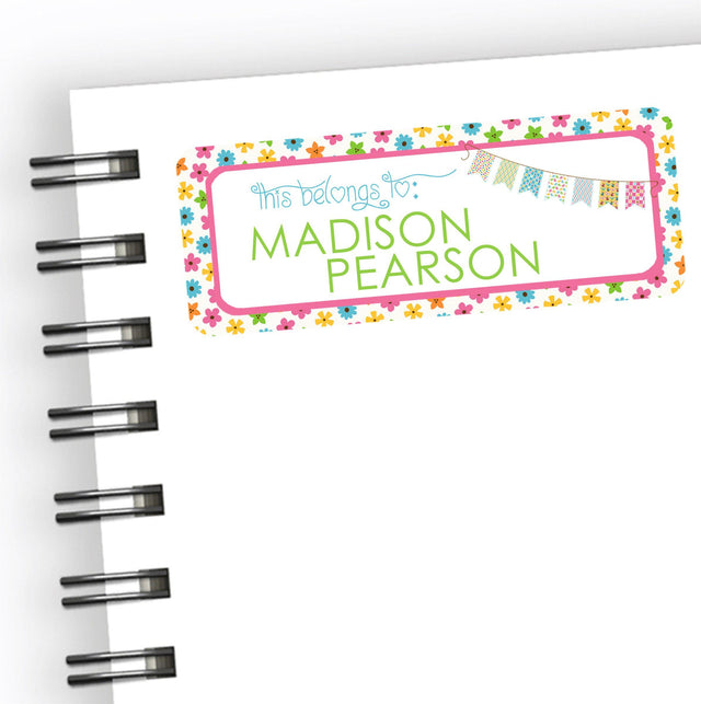 Personalized back to school name label with colorful flower border