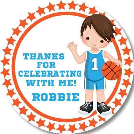 Personalized basketball birthday sticker with boy character and star border