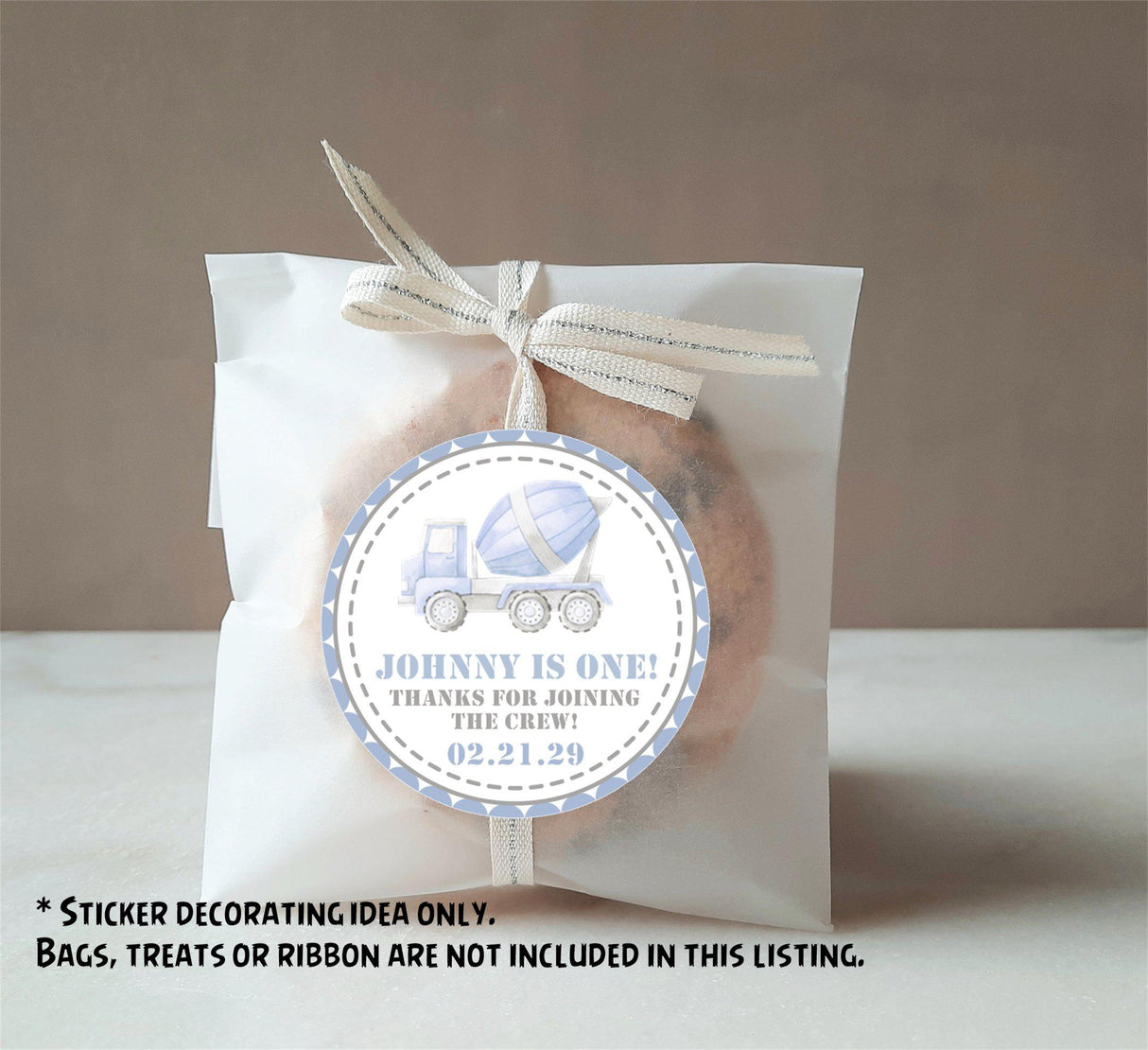 Personalized blue construction party favor label with mixer truck