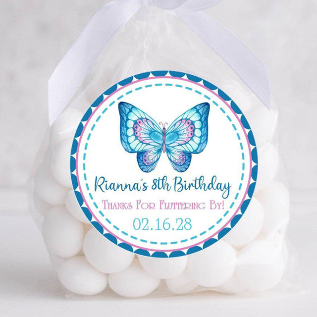 Personalized butterfly birthday favor sticker with name