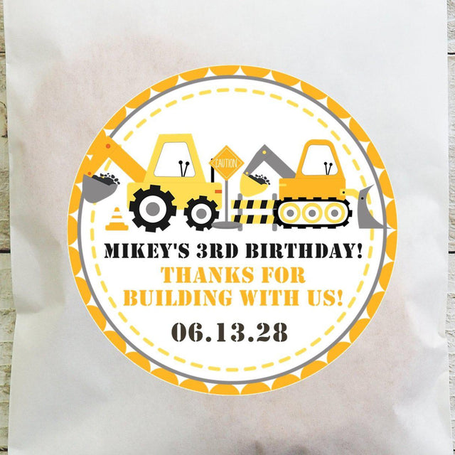 Personalized construction party favor stickers in yellow theme