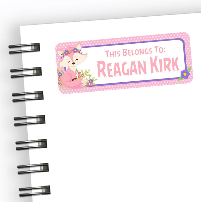 Personalized fox school name label with floral illustration