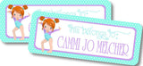 Personalized gymnastics school label in aqua tones