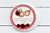 Personalized masquerade mask party label in red and gold