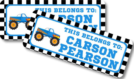 Personalized monster truck school label featuring blue truck and flame accents