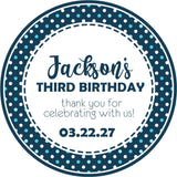 Personalized navy dot party favor label