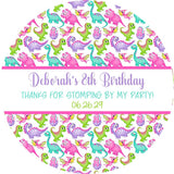 Personalized pink and purple dinosaur party favor label