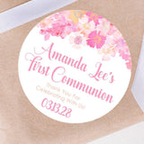 Personalized pink floral communion favor label