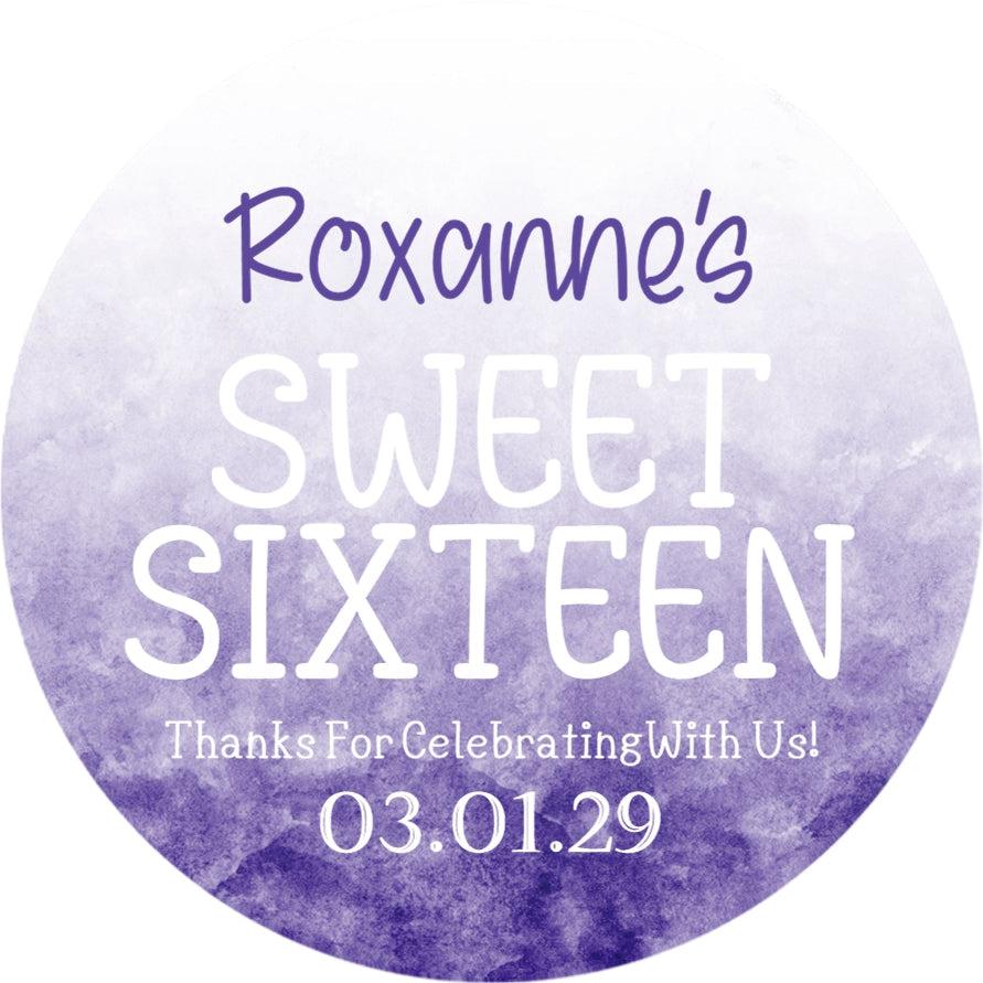 Personalized purple watercolor Sweet Sixteen favor label