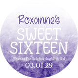 Personalized purple watercolor Sweet Sixteen favor label
