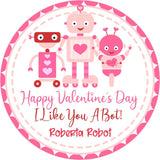 Personalized robot Valentine sticker with pink hearts and Valentine wording