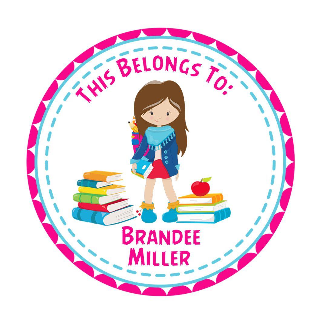 Personalized school supply label with pink border and apple accent