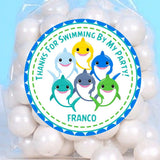 Personalized shark party favor label in blue yellow green
