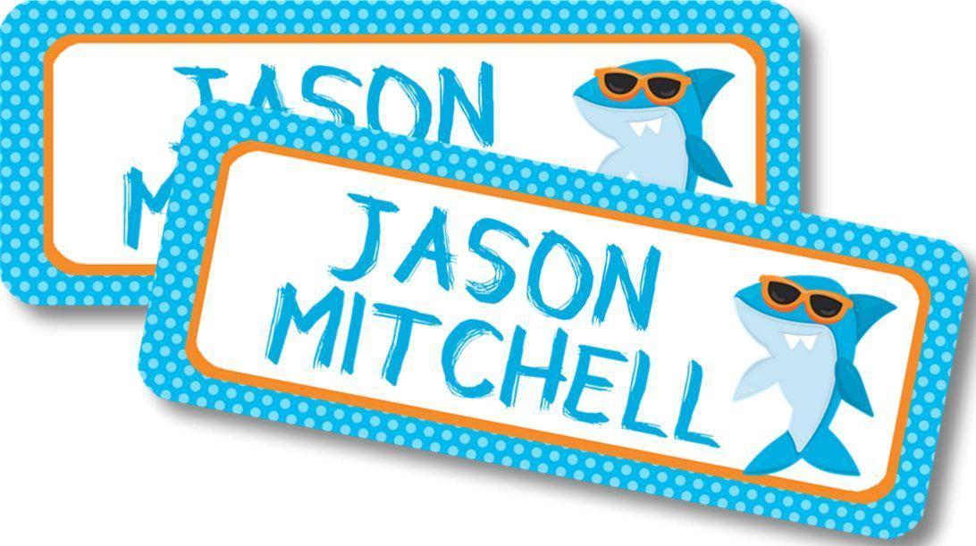 Personalized shark school label featuring ocean themed illustration