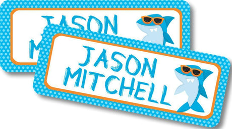 Personalized shark school label featuring ocean themed illustration