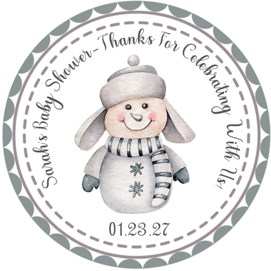 Personalized snowman favor label for winter baby shower