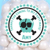 Personalized turquoise pirate sticker for birthday favors