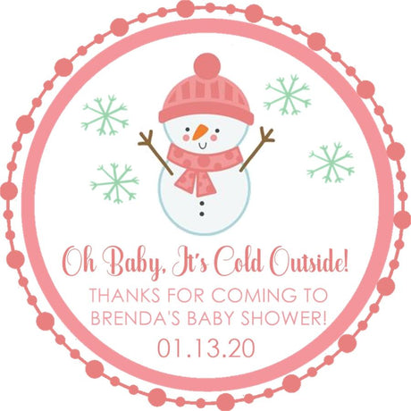 Personalized winter baby shower favor sticker with snowman design