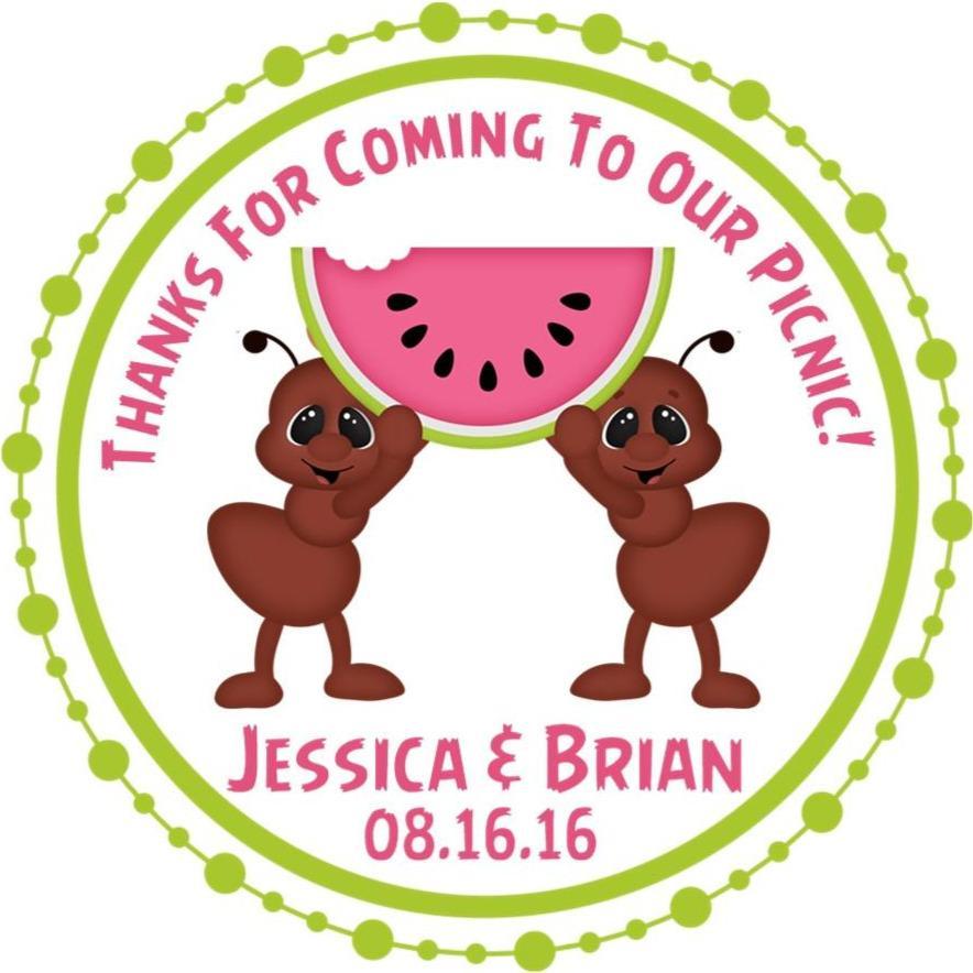 Picnic party stickers with ants holding watermelon