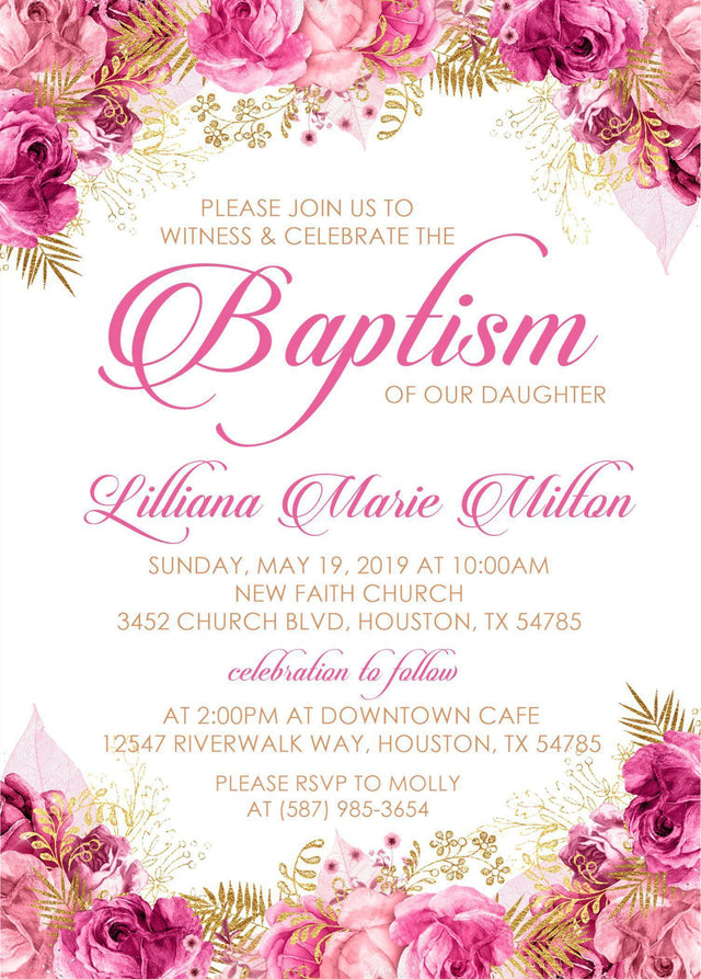 Pink And Gold Baptism Invitations