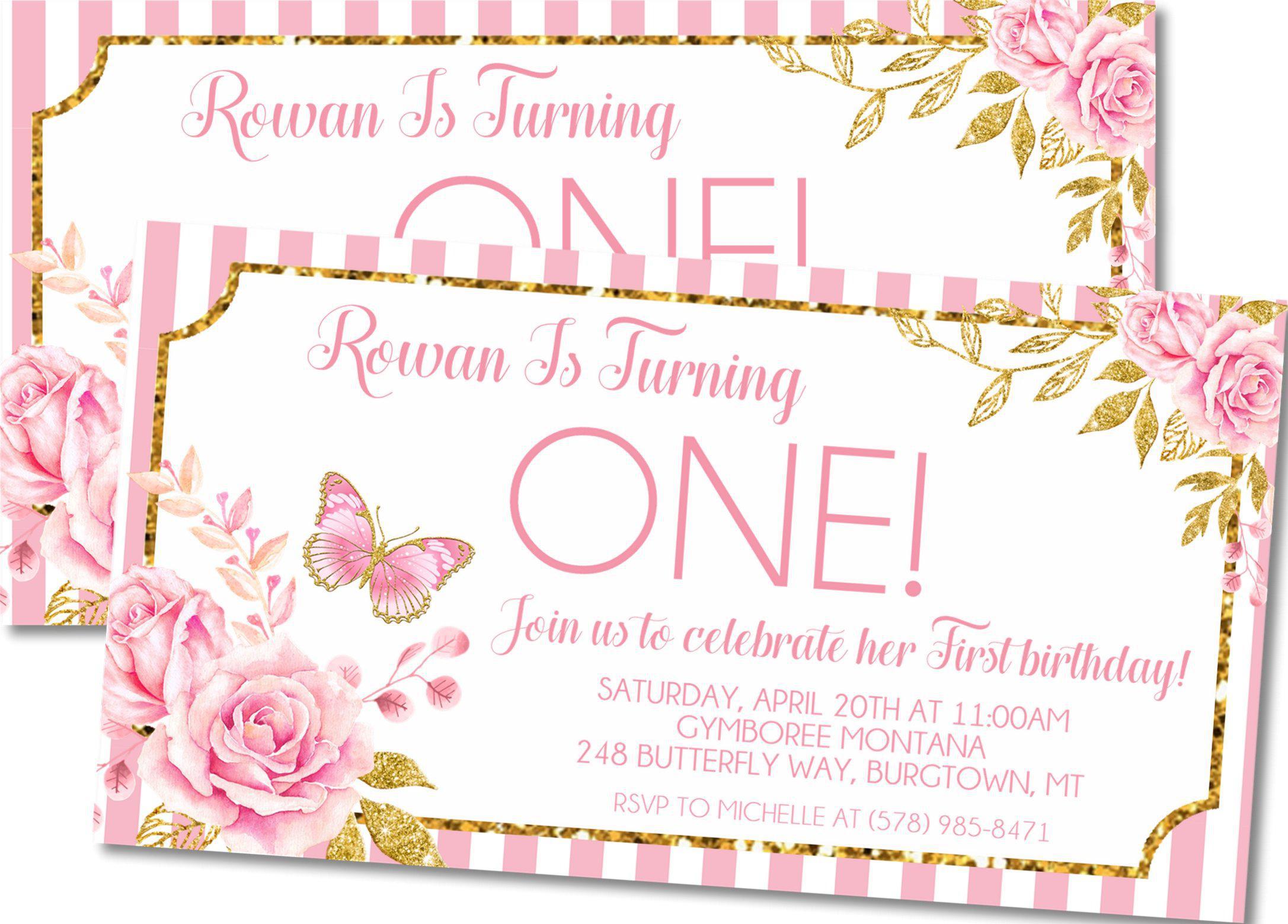 Pink And Gold Butterfly 1st Birthday Party Invitations