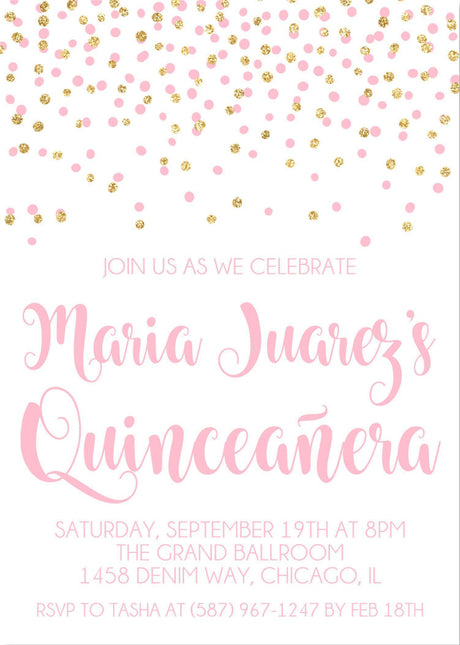 Pink And Gold Confetti Quinceanera Invitations