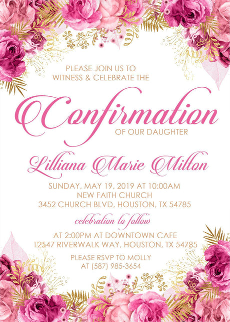 Pink And Gold Confirmation Invitations