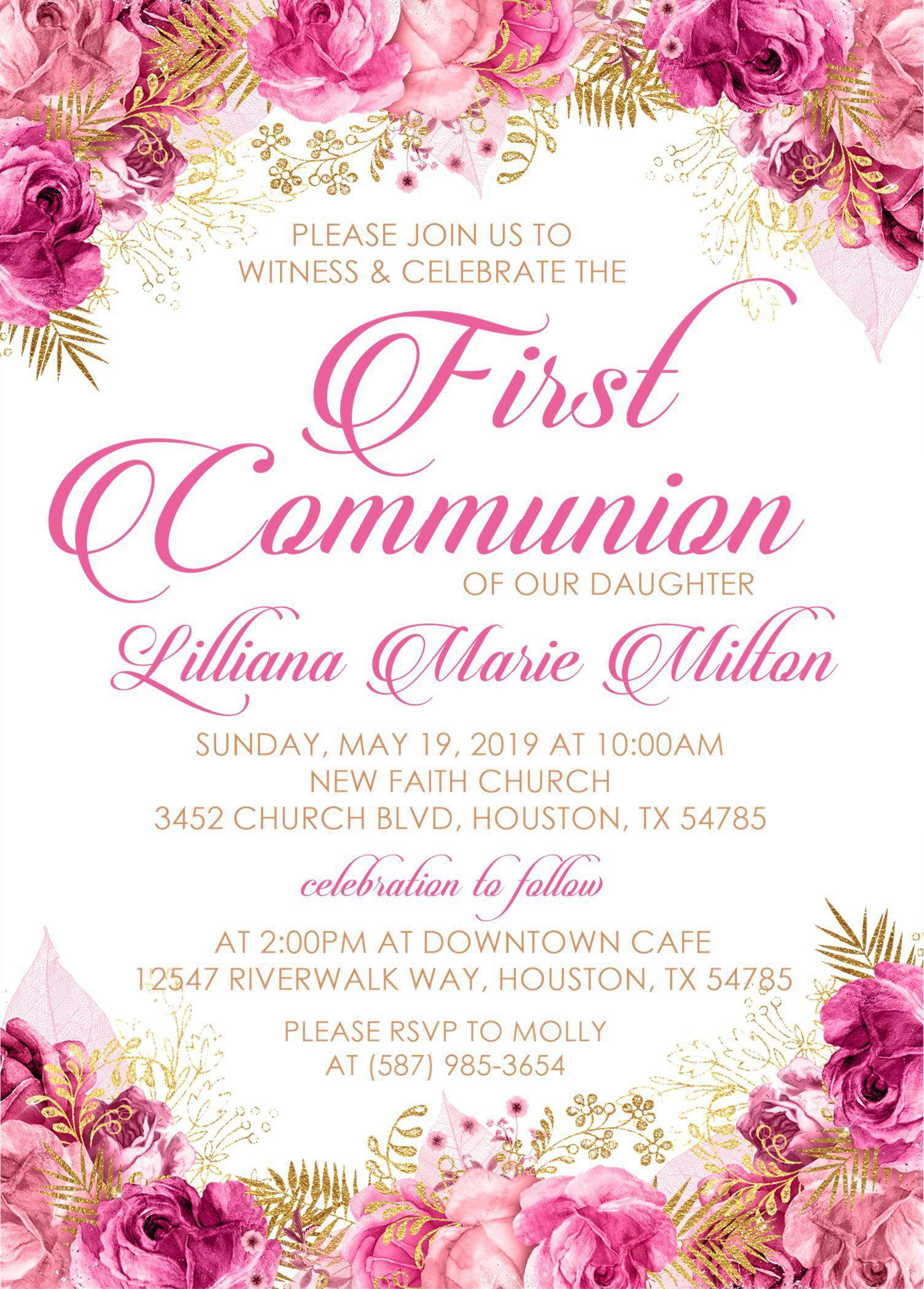 Pink And Gold First Communion Invitations