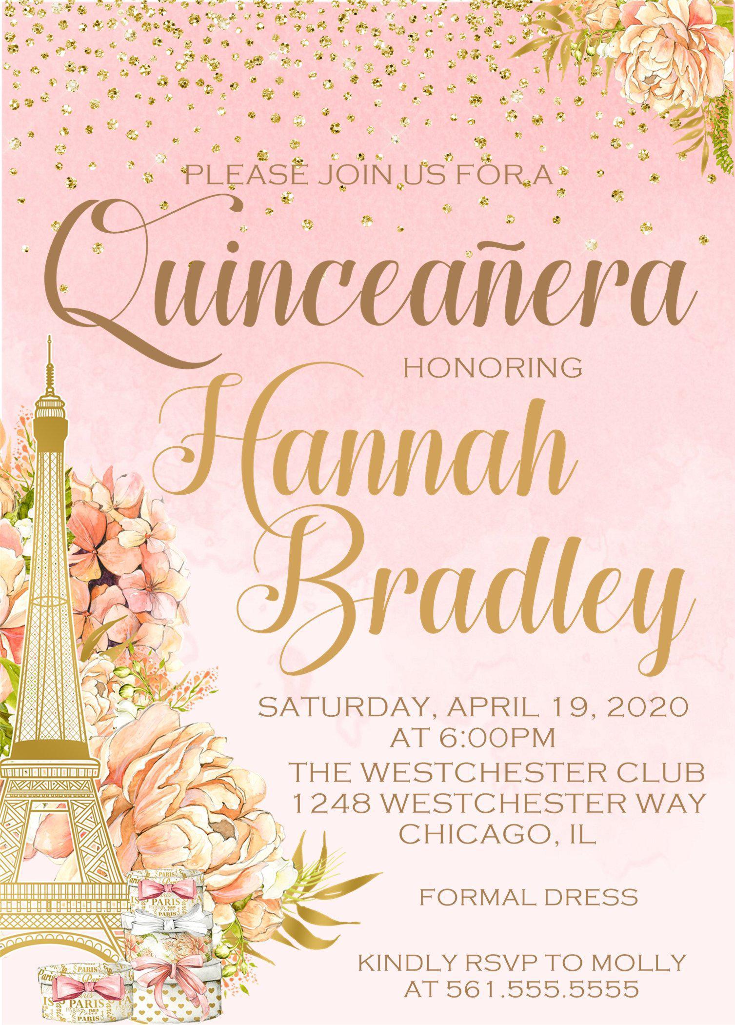 Pink And Gold Paris Quinceanera Invitations