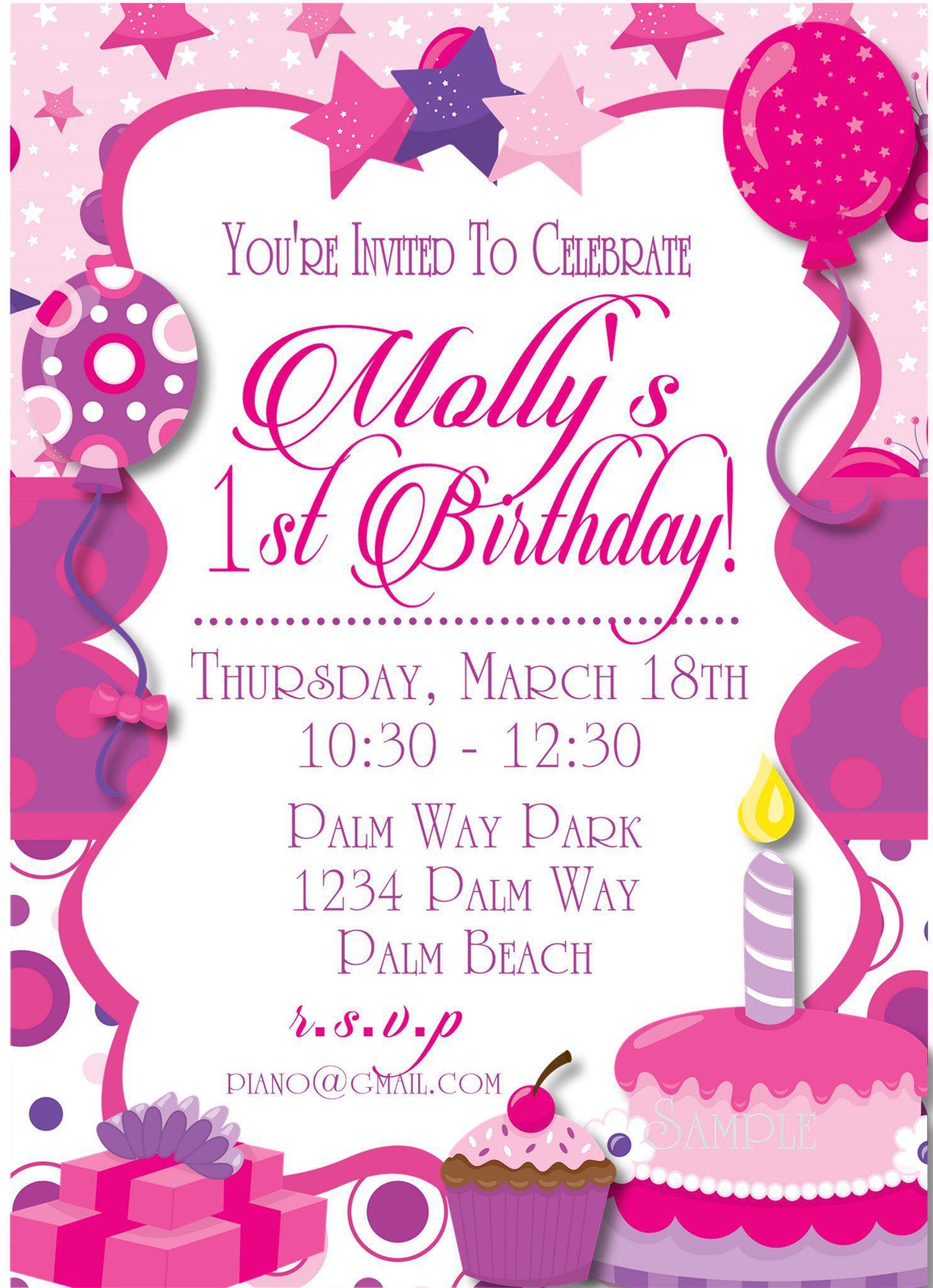 Pink And Purple 1st Birthday Party Invitations