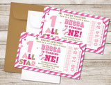 Pink Baseball 1st Birthday Party Ticket Invitations