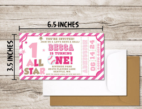 Pink Baseball 1st Birthday Party Ticket Invitations