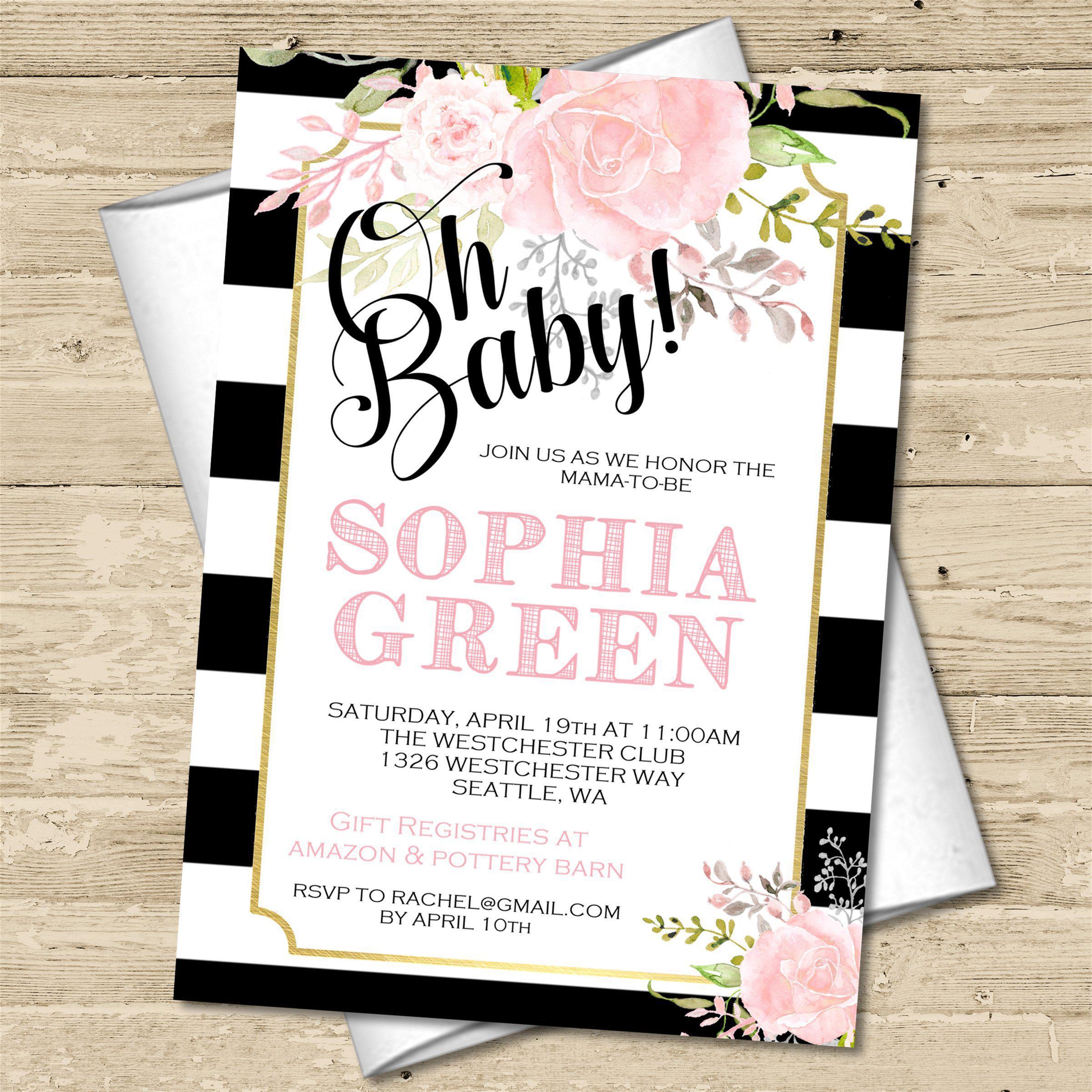 Pink Black & White Floral Baby Shower Invitations