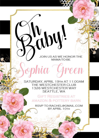 Pink Black & White Floral Baby Shower Invitations