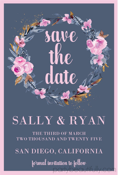 Pink, Blue And Gold Wedding Save The Date Cards