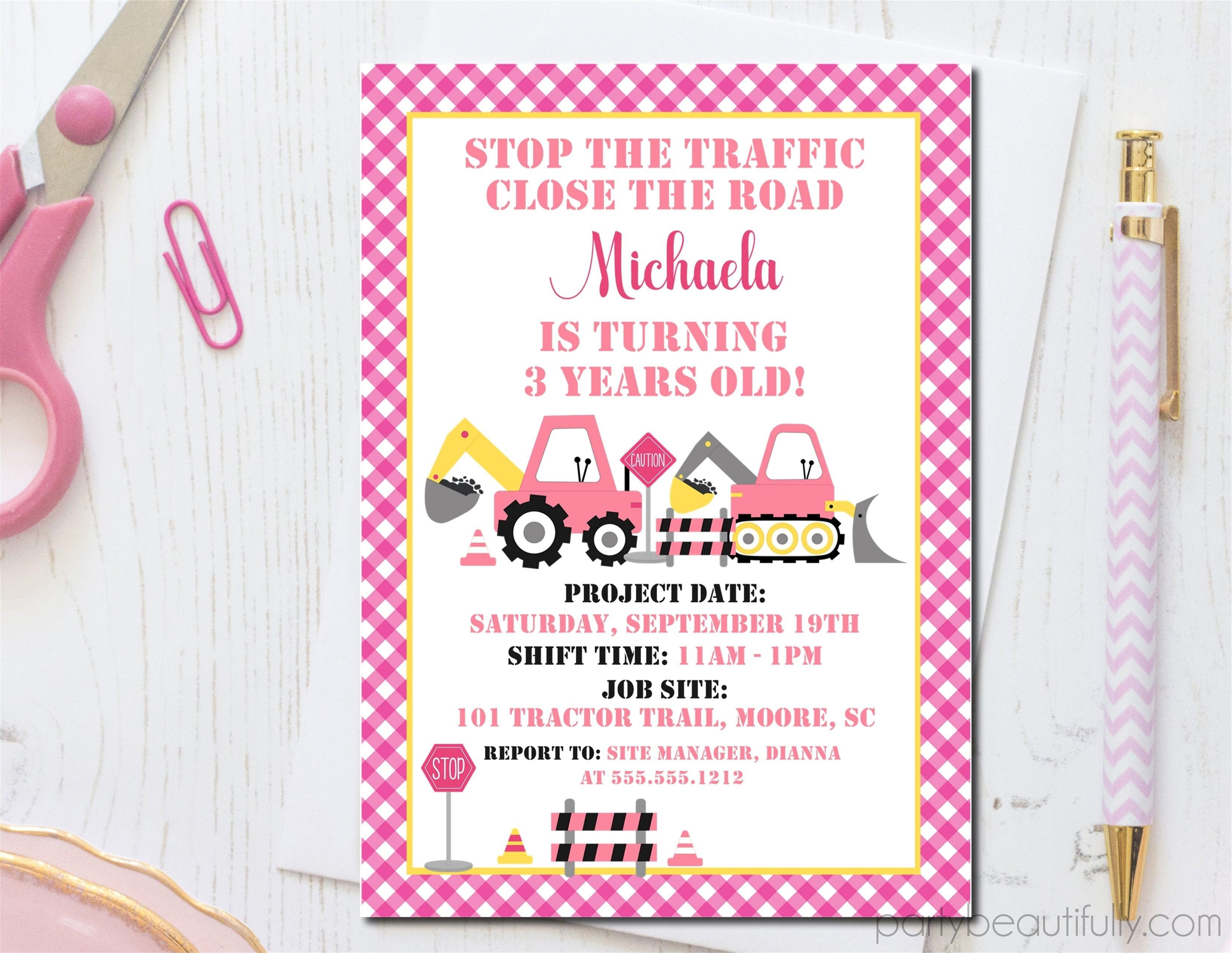 Pink Construction Birthday Party Invitations