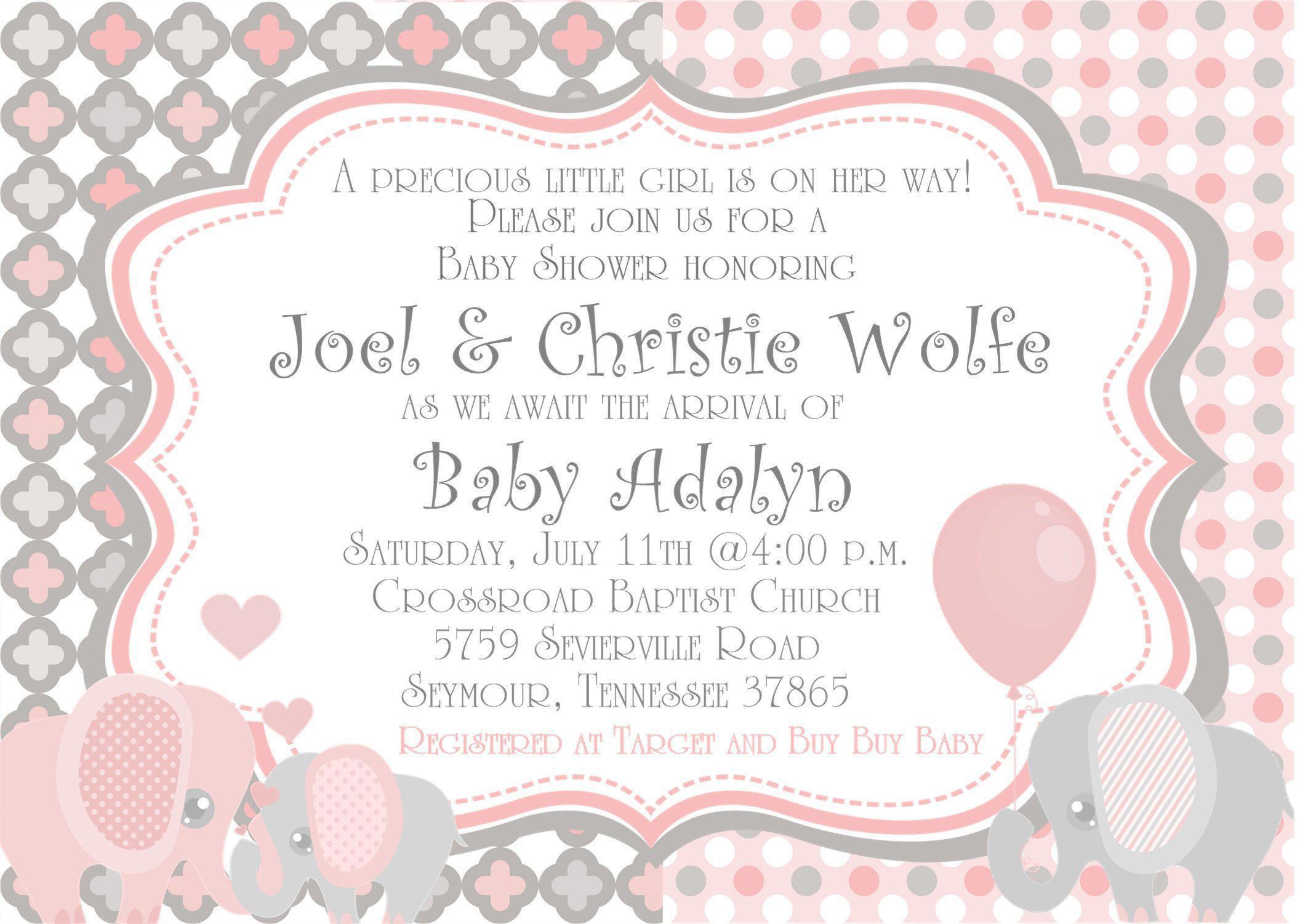 Pink Elephant Baby Shower Invitations