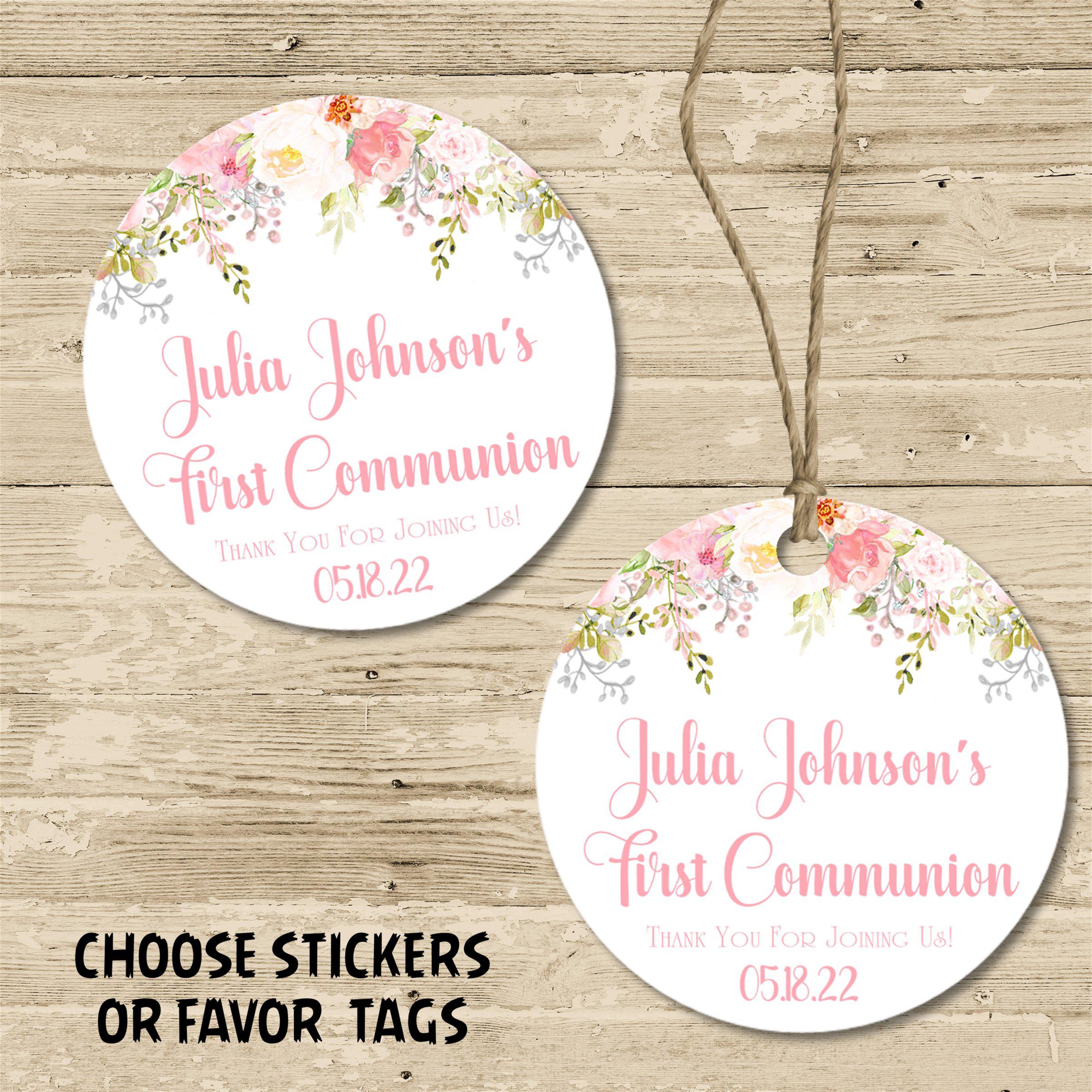 Pink Floral First Communion Stickers Or Favor Tags