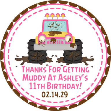 Pink Monster Truck Mudding Birthday Party Stickers