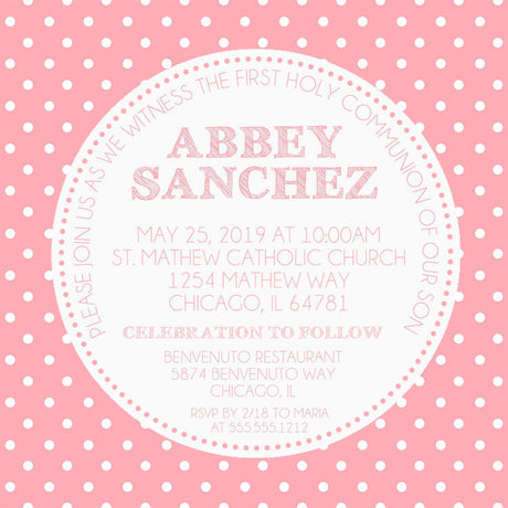 Pink Polka Dot First Communion Invitations